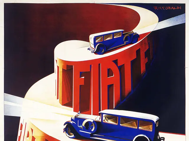The image shows a poster advertising a car with the word "Fiat" on it. The poster features two...