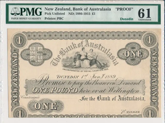 The image shows a New Zealand Bank of Australia one pound note from 1866-1915 with a PMG 61 EPQ Gem...