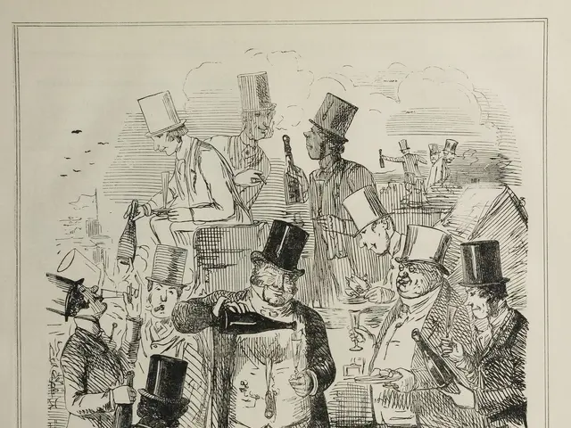 The image shows a paper with a drawing of a group of people wearing hats, with one person holding a...