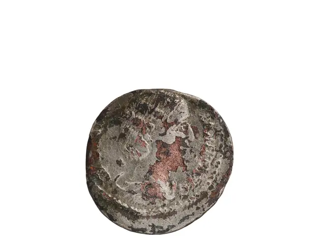 The image shows a silver coin on a white background. The coin is round in shape and has a textured...