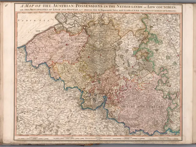 The image shows an open book with a map of the Austrian possessions in the Netherlands and Low...