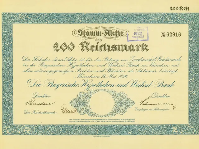 The image shows an old stock certificate with a blue border and text written on it. The certificate...