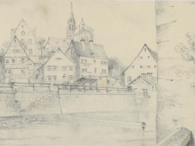 The image shows a drawing of a cityscape with a river running through it, featuring buildings,...