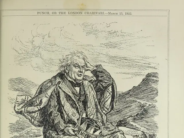 The image shows an old book with a drawing of a man sitting on top of it. The man is wearing a long...