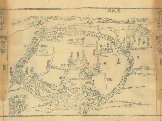 The image shows an old map of the city of Shanghai, China, with Chinese characters written on it....