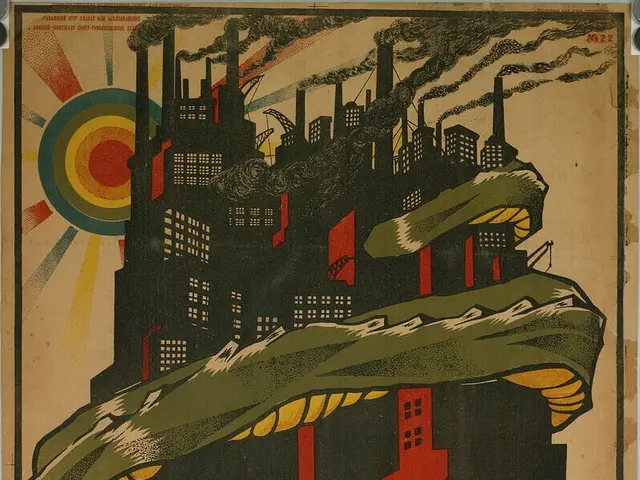 The image shows a Soviet propaganda poster on a wall with a picture of a city in the background....