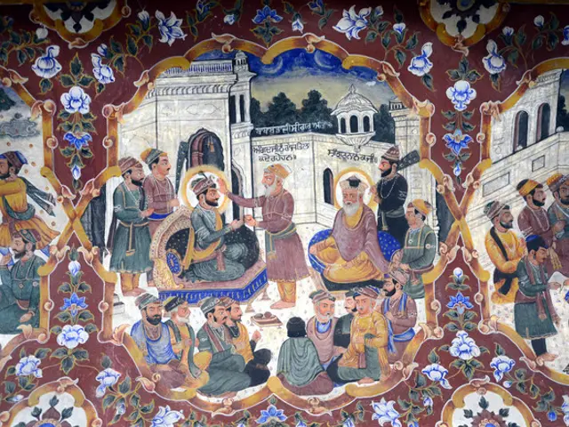 The image shows a painting on the wall of a building depicting a group of people, trees, buildings,...