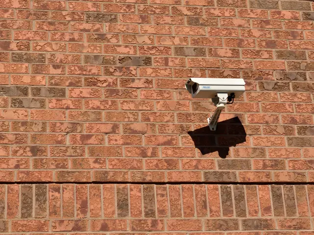 The image shows a security camera mounted on the side of a brick building. The camera is securely...