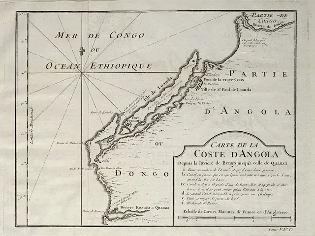 The image shows a paper with a map of the Costa D'Angola, with text written on it. The map is...