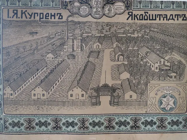 The image shows an old Russian banknote with a picture of a city on it. The paper has text and an...