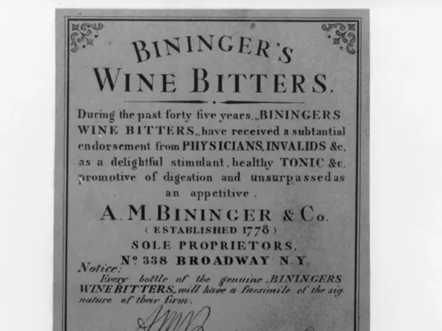 The image shows an old advertisement for Bininger's Wine Bitters, featuring a picture of a man in a...
