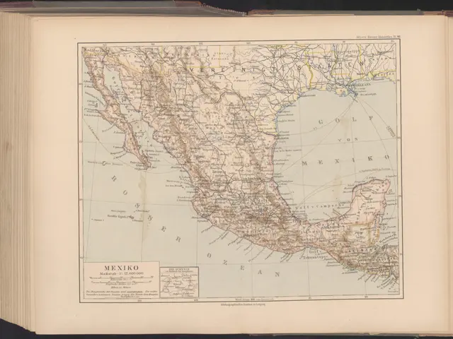 The image shows an open book with a map of Mexico on it, set against a black background. The map is...