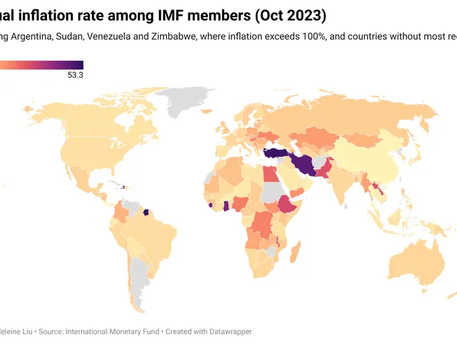 The image shows a map of the world with different colors representing the annual inflation rate...