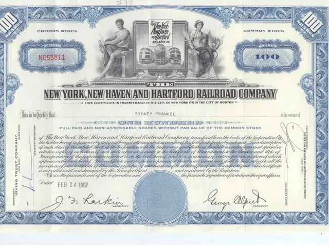 The image shows a New York, New Haven and Hartford Railroad Company stock certificate with text and...