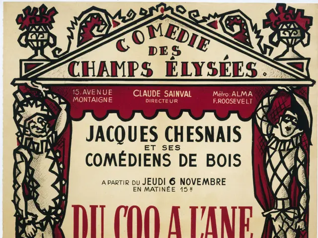 The image shows a poster advertising a comedy show at the Champs Elysees in Paris, France. The...