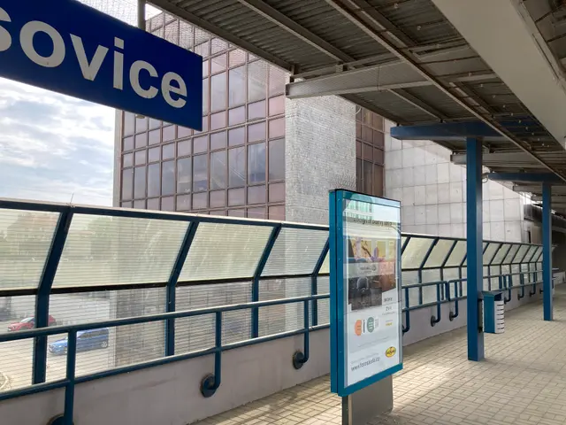 The image shows a bus stop with a sign that reads "Service" on the side of it. There is a board...