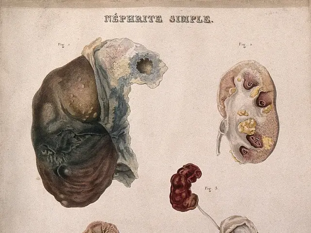 The image shows a paper with a drawing of a human kidney and a diagram of the internal organs of...