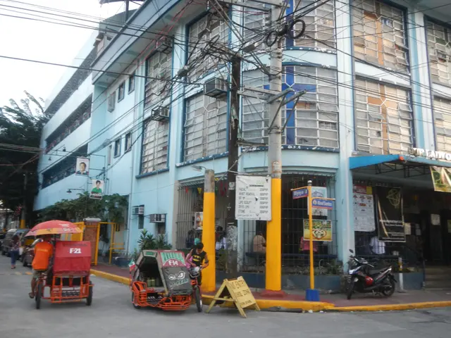 The image shows a group of people riding motorcycles down a street next to tall buildings, with an...