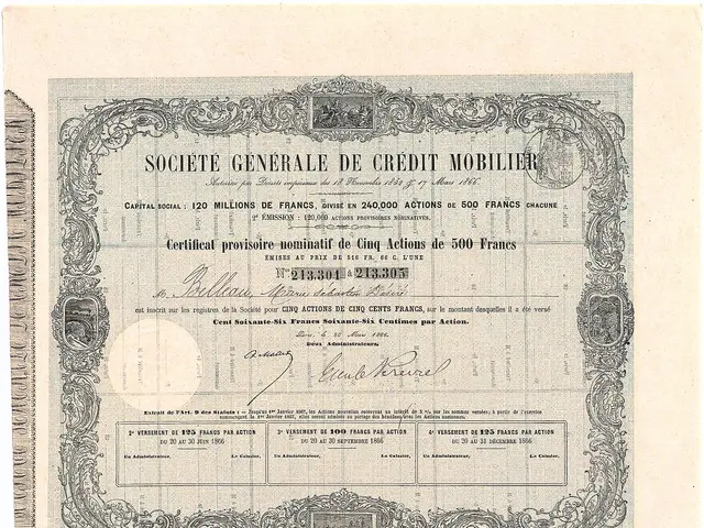 The image shows an old stock certificate issued by the Société Generale de Credit Mobilier. It is a...