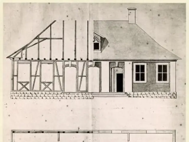The image shows a drawing of a house with a lot of windows and a roof, as well as a plan of the...