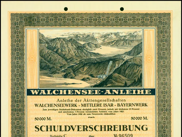 The image shows an old stock certificate with a picture of a mountain range in the background. The...