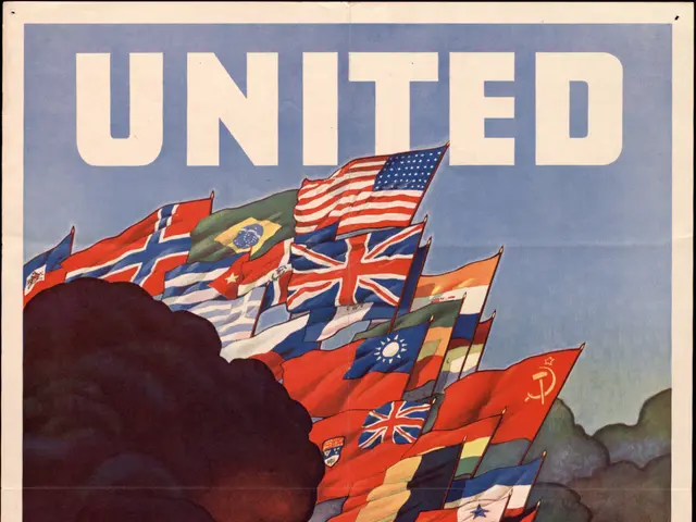 The image shows a poster with the text "The United Nations Fight for Freedom" and several flags...