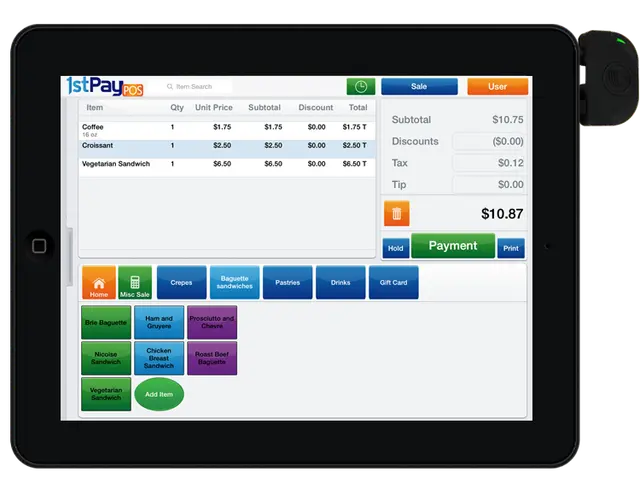The image shows an iPad with a white background and a payment screen on it. The screen displays...