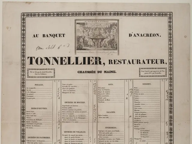 The image shows an old book with a menu for a restaurant on it. The paper has text and a picture on...