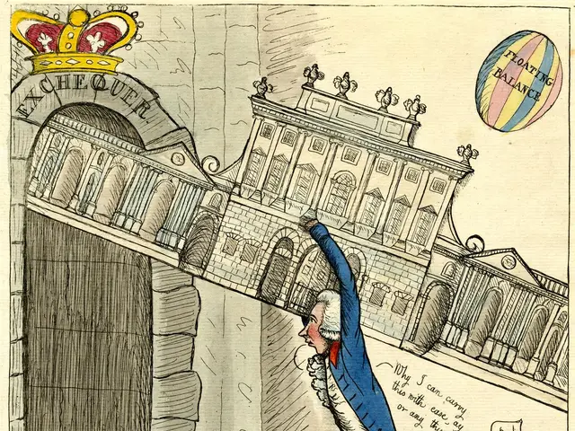The image shows a cartoon of a man in a blue jacket and red pants standing in front of a building...