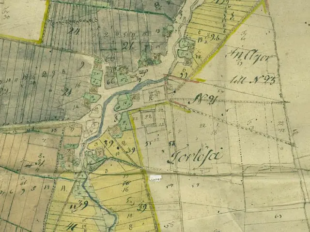 The image shows an old map of the city of London, England, with text and numbers indicating the...