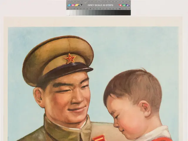 The image shows a poster of a man holding a child in his arms, with a bouquet of flowers in the...