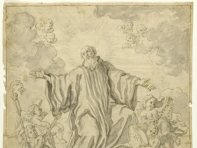 The image shows a drawing of a man sitting atop a cloud, surrounded by a group of people. He is...