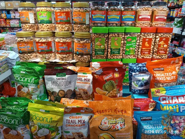 The image shows a store filled with lots of different types of snacks, including packets and jars...