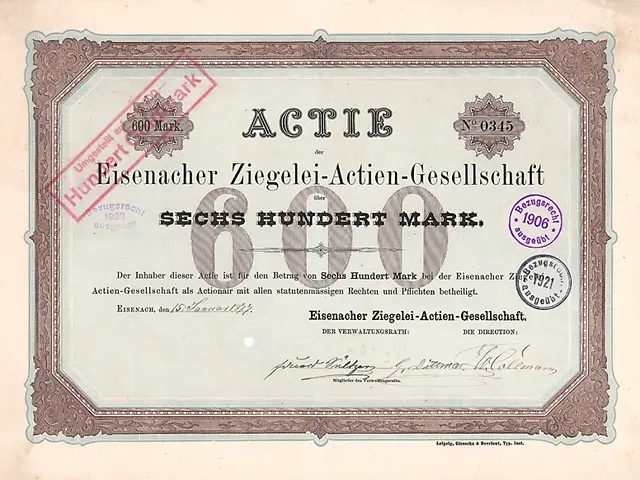 The image shows an old stock certificate with a black border and a red stamp on it. The certificate...