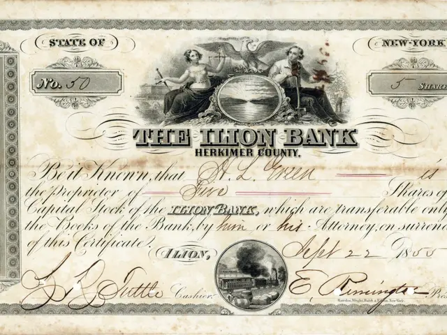 The image shows an old stock certificate with a picture of a man and woman on it. The certificate...
