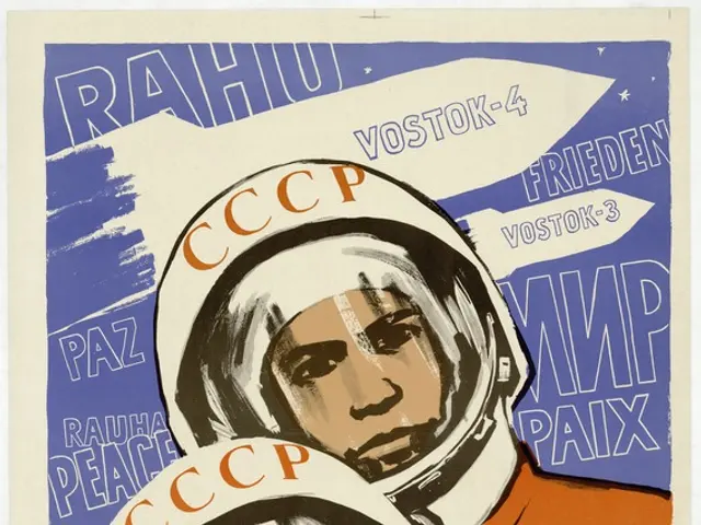 The image shows a Soviet propaganda poster for the Soviet Union featuring two astronauts in...