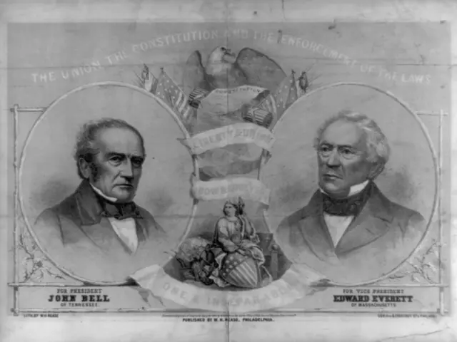The image shows a black and white drawing of two men and a woman, with an eagle and flags in the...