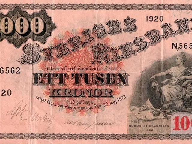 The image shows an old Swedish 1000 Kronor banknote from 1920 with a picture of a woman on it. The...