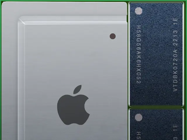 The image shows an Apple logo on a green background with a chip in the middle featuring text and...