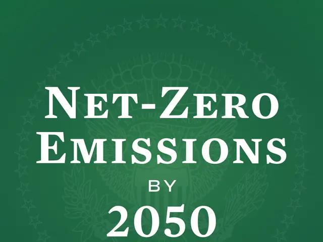The image shows a green background with the text "net-zero emissions by 2050" written in white. The...