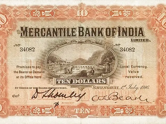 The image shows an old 10 dollar banknote from the Mercantile Bank of India. The paper has text and...