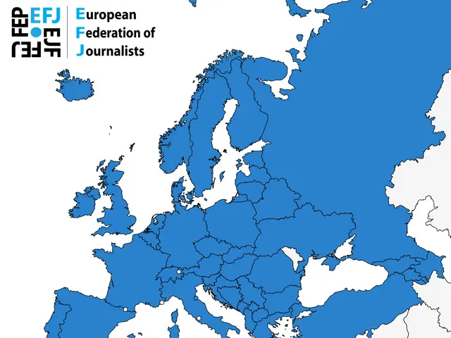 The image shows a map of Europe with the European Federation of Journalists (EFJ) highlighted in...