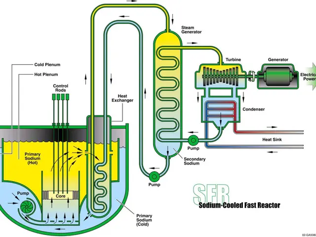 The image shows a diagram of a sodium-cooled fast reactor, with text written on it. It is a...
