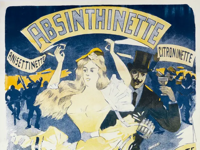 The image shows a poster advertising Absinthinette, a French perfume, with a woman in the center...