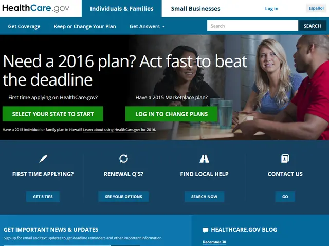The image shows a website page for the Health Care Gov website, featuring a group of people sitting...