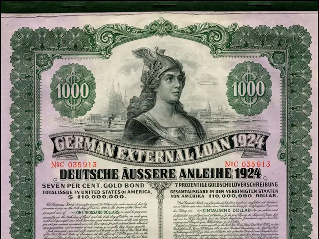 The image shows an old German External Loan from 1924 with a picture of a woman on it. The paper...