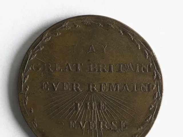 The image shows a bronze medal with the words "Great Britain Ever Remain" inscribed on it against a...