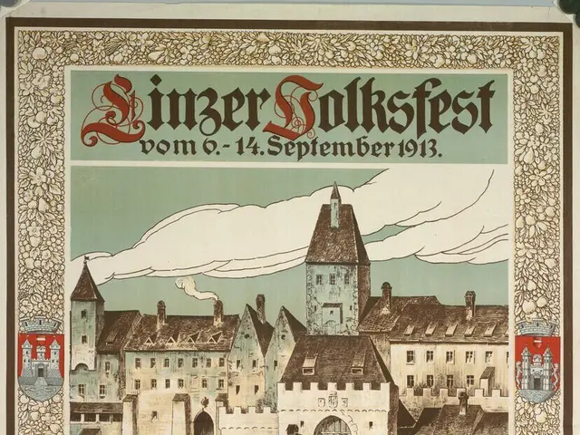 The image shows an old poster advertising a festival in Germany, featuring a picture of a castle...