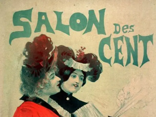 The image shows a poster advertising a salon des cent, featuring two women with human faces. The...