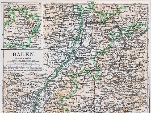 The image shows an old map of Baden-Württemberg, Germany, with text at the top and bottom of the...